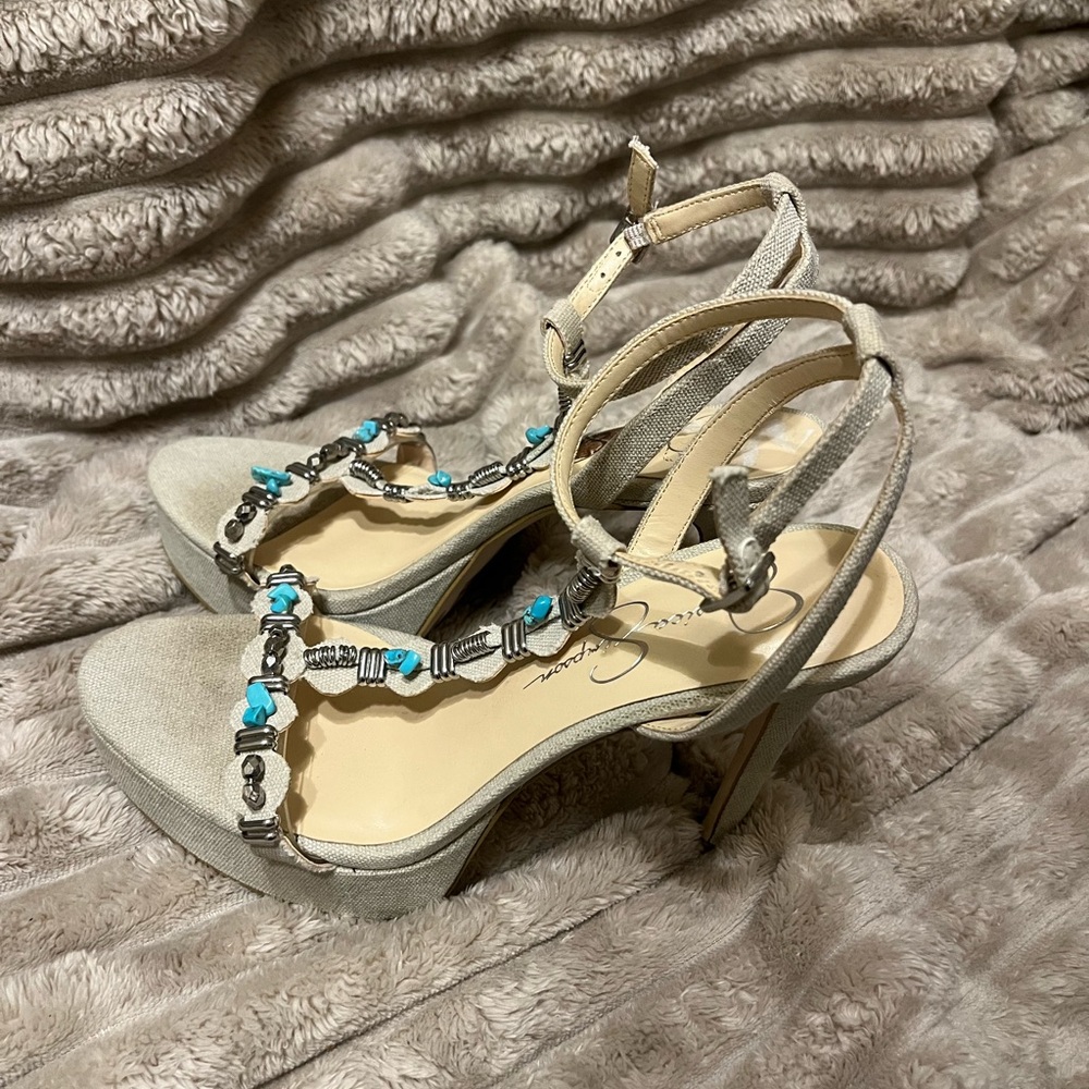 Jessica Simpson Beaded T-Strap Beige and Turquoise Platform Sandals - Picture 2 of 7